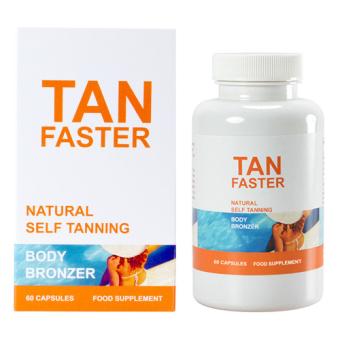 Tub of TanFaster beta-carotene capsules with vitamin E